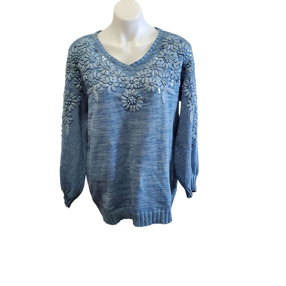 Soft Surroundings Blue Embroidered Floral Cotton Knit Sweater V-Neck Size Med